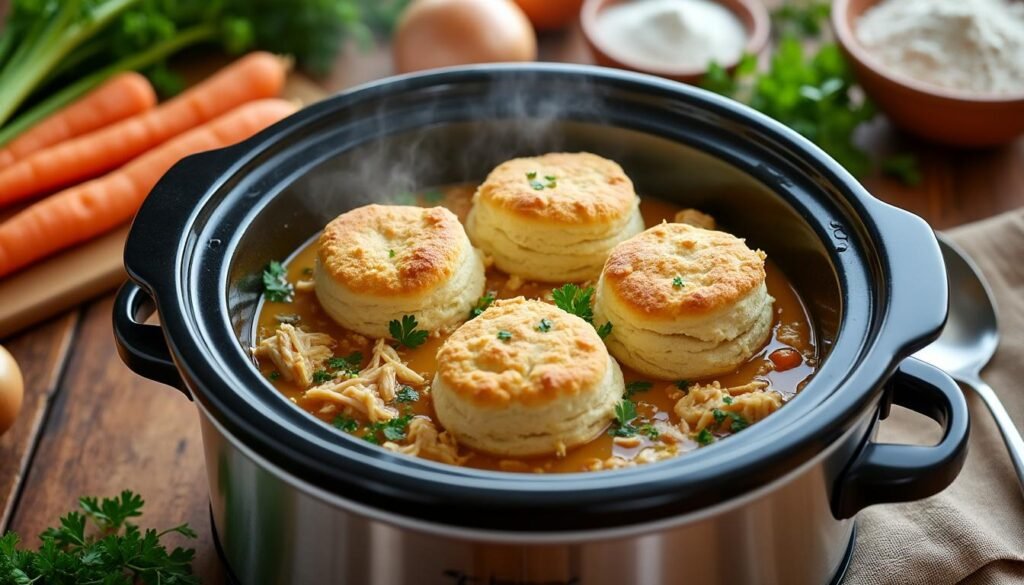 discover a comforting slow cooker chicken and biscuits recipe that's easy to prepare and perfect for family dinners. tender chicken, savory vegetables, and fluffy biscuits make this meal a classic favorite!